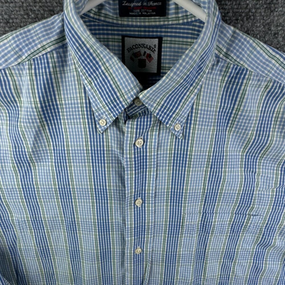 Faconnable Blue Green Long Sleeve Button Up Shirt Plaid Large Men Cotton Woven